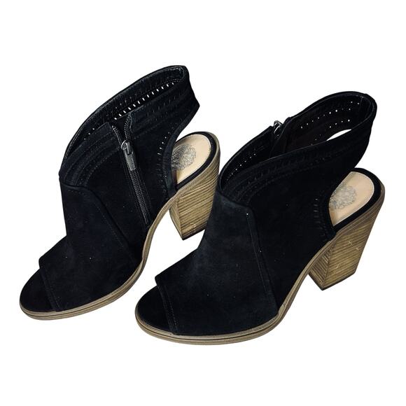 Vince Camuto Koral Peep Toe Bootie 11 Black Ankle Heels Suede Leather. Open Heel - Picture 1 of 10